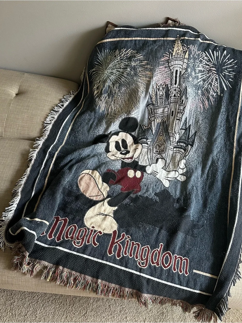 Disney Mickey Mouse Magic Kingdom Castle Fireworks Throw Fringe Blanket